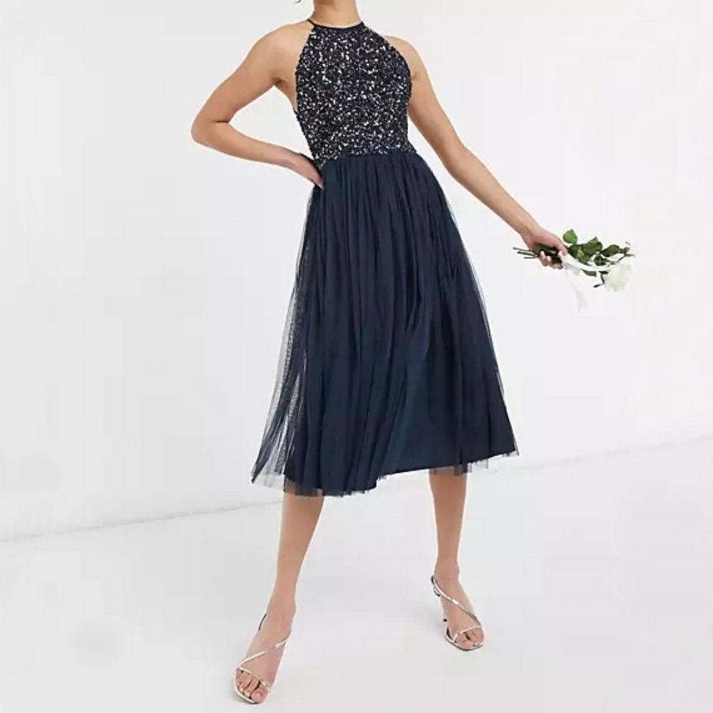 Maya Bridesmaid Midi Dress - Halter Neck - Sequin - Tulle - Navy - Sz 6